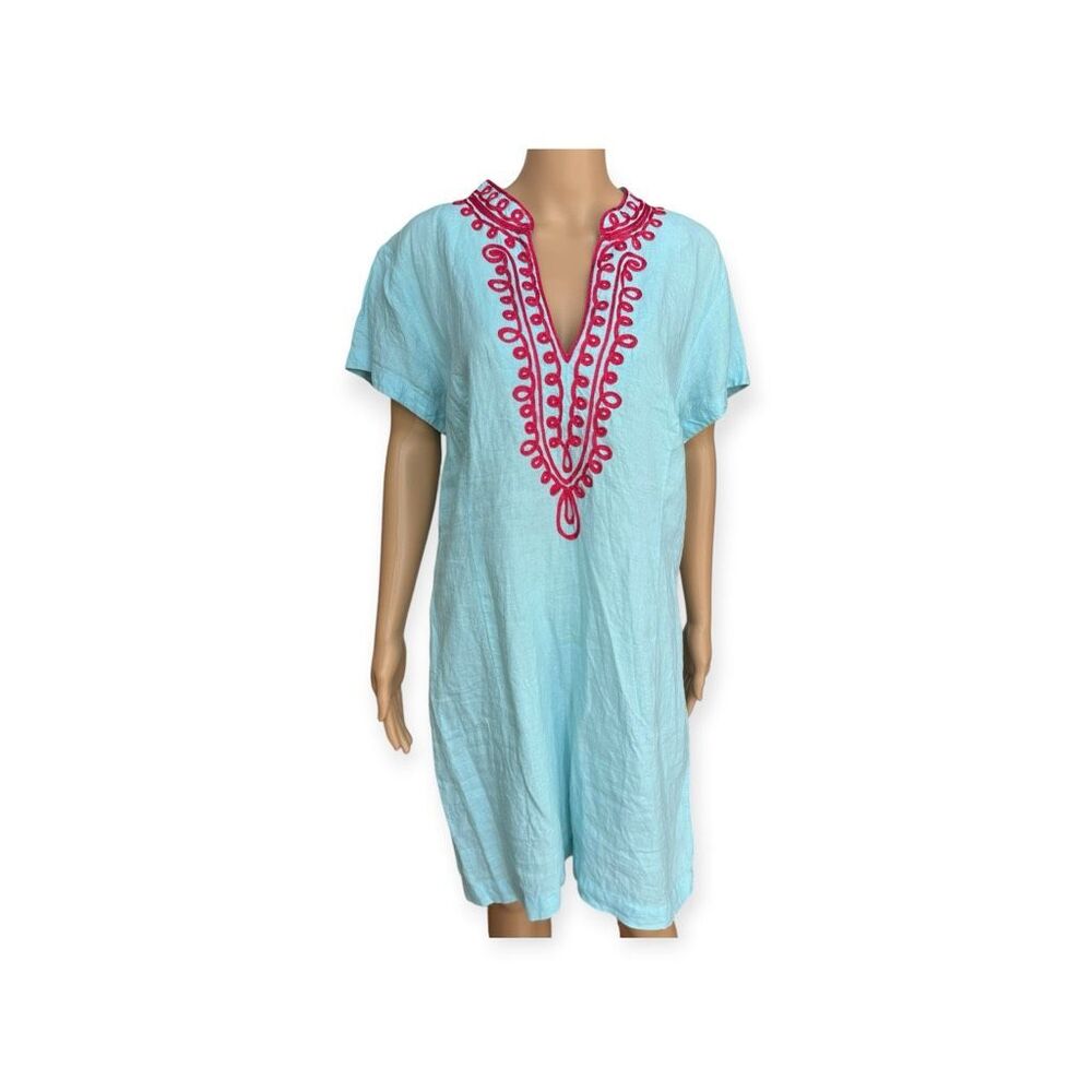 Lilly Pulitzer Boca Grande 100% Linen Tunic Dress v m-neck embroidered sz XL